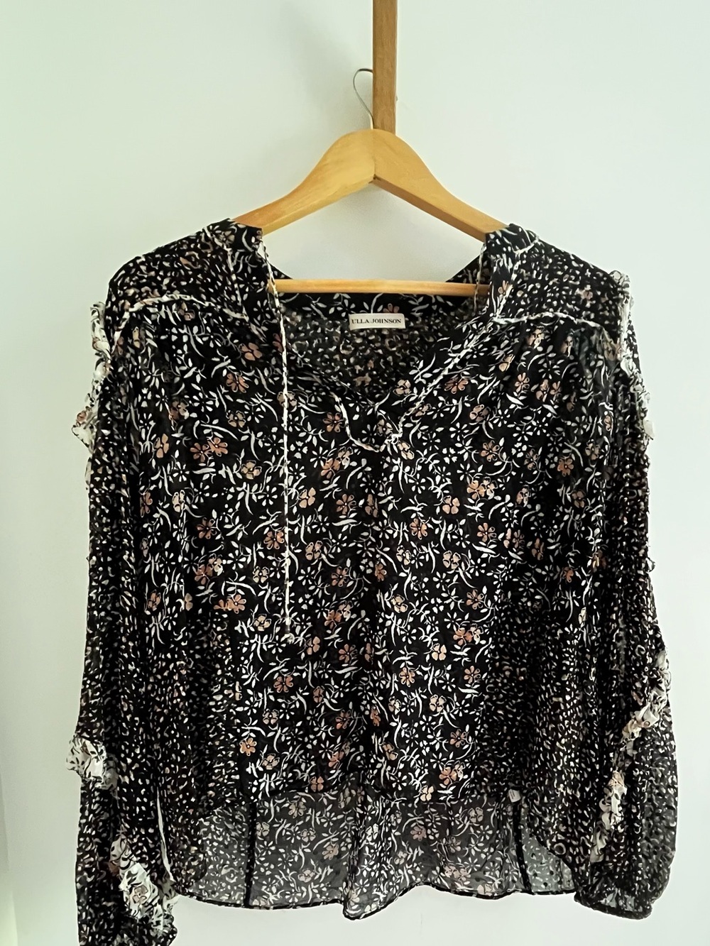 Ulla Johnson Black Floral Peasant Blouse with Tie Detail